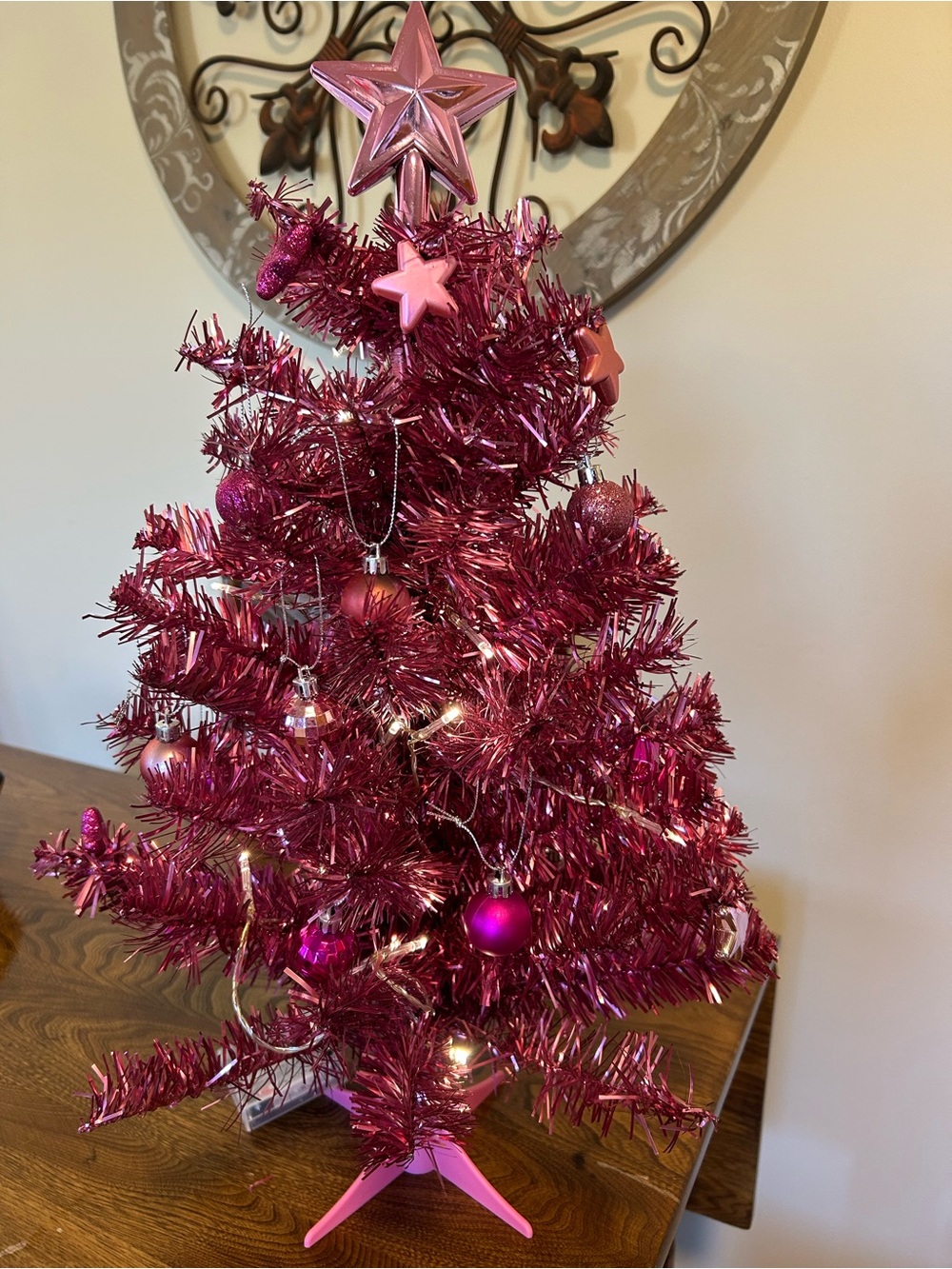 Pink Tinsel Mini Holiday Tree with Star Topper